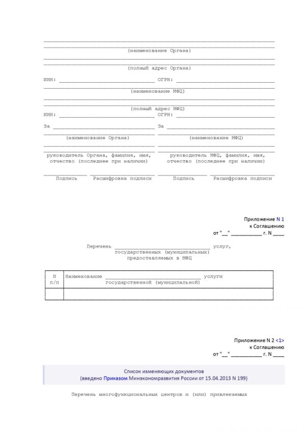 ПРИКАЗ МИНИСТЕРСТВА ЭКОНОМИЧЕСКОГО РАЗВИТИЯ РОССИЙСКОЙ ФЕДЕРАЦИИ  от 18.01.2012 № 13 ОБ УТВЕРЖДЕНИИ ПРИМЕРНОЙ ФОРМЫ СОГЛАШЕНИЯ О ВЗАИМОДЕЙСТВИИ МЕЖДУ МНОГОФУНКЦИОНАЛЬНЫМИ ЦЕНТРАМИ ПРЕДОСТАВЛЕНИЯ ГОСУДАРСТВЕННЫХ И МУНИЦИПАЛЬНЫХ УСЛУГ И ФЕДЕРАЛЬНЫМИ ОРГАНАМИ ИСПОЛНИТЕЛЬНОЙ ВЛАСТИ, ОРГАНАМИ ГОСУДАРСТВЕННЫХ ВНЕБЮДЖЕТНЫХ ФОНДОВ, ОРГАНАМИ ГОСУДАРСТВЕННОЙ ВЛАСТИ СУБЪЕКТОВ РОССИЙСКОЙ ФЕДЕРАЦИИ, ОРГАНАМИ МЕСТНОГО САМОУПРАВЛЕНИЯ