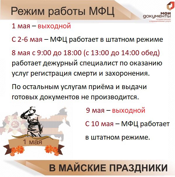 Режим работы МФЦ в майские праздники